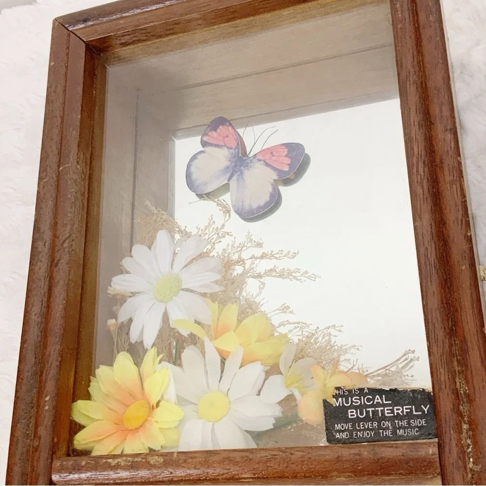Vintage 1978 George Good Flying Butterfly Mirror Musical Jewelry Shadow Box